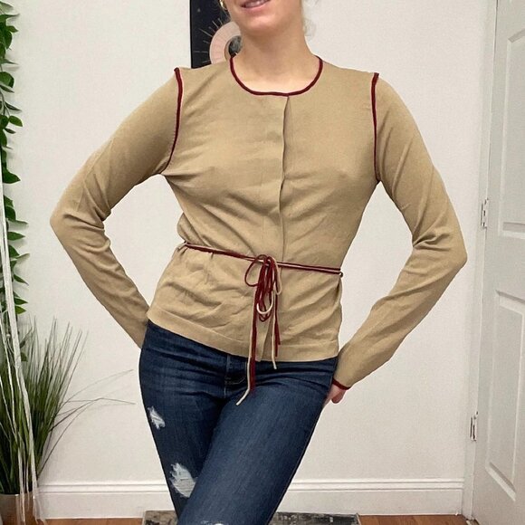 White + Warren Crew Neck Button-Up Cardigan Sweater Tie-Waist Size S Tan - Picture 4 of 15